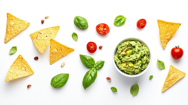 Bowl of guacamole with tortilla chips arranged neatly isolated on white background .