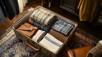 Open suitcase with folded clothes and travel accessories on a soft rug .