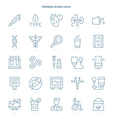 Diabetes stroke icon. Diabetes line icon set. editable stroke icon pack