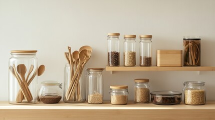 A zero-waste kitchen with glass jars, bamboo utensils, and organic food containers. .