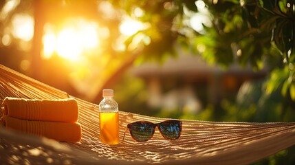 Sun Safety & Relaxation - A hammock setup with a sunscreen bottle, sunglasses, and a cold drink, perfect for a sunny afternoon. .