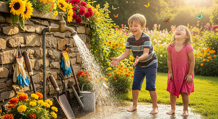 Happy children playing with a water spray in a summer garden