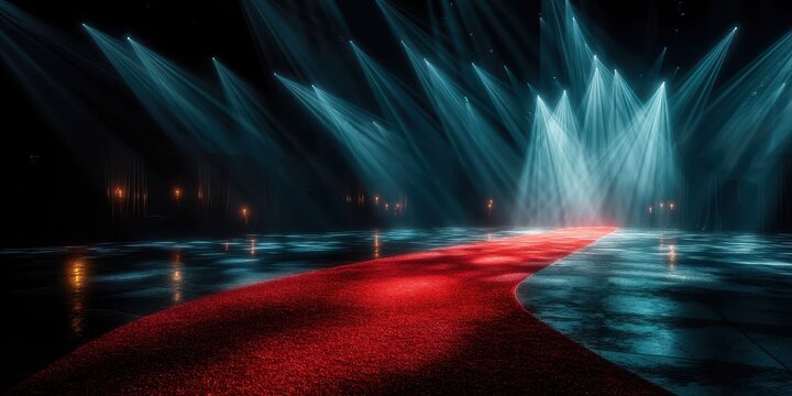Red carpet leading to a beautifully lit stage with dramatic lighting effects during an evening event