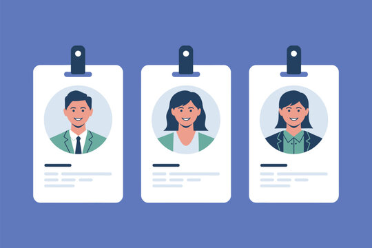 Three id cards displaying portraits of diverse professionals on a blue background in a flat design style