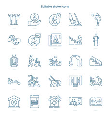 Disabled people assistance stroke icon. Disabled people assistance line icon set. editable stroke icon pack