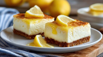 Lemon cheesecake bars sit temptingly on a plate, topped with fresh lemon slices. The buttery crust complements the creamy filling, inviting indulgence during a sunny afternoon.