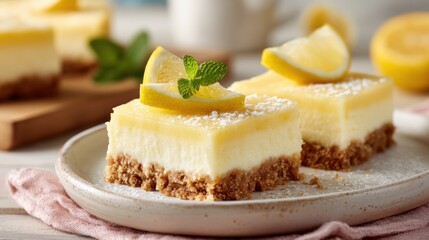 Golden lemon cheesecake bars rest on a plate, garnished with mint and lemon slices. The sweet treat features a crumbly graham cracker crust, perfect for dessert or a snack.