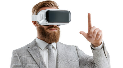 Person In Formal Attire Using Immersive Technology Device, Indicating With Hand, Transparent Background