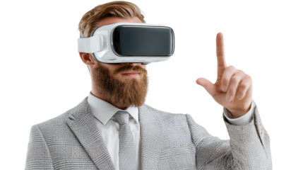 Person In Formal Attire Using Immersive Technology Device, Indicating With Hand, Transparent Background
