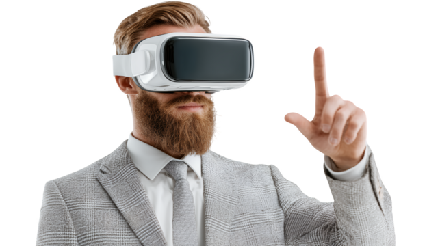 Person In Formal Attire Using Immersive Technology Device, Indicating With Hand, Transparent Background