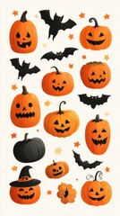 Halloween decorations featuring various carved pumpkins and bats in a festive arrangement on a light background