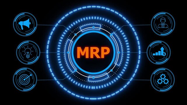 MRP Material Requirement planning Manufacturing Industry Business Process automation. glowing HUD visuals and icons for marketing, innovation, targeting, growth, user data, and automation.
