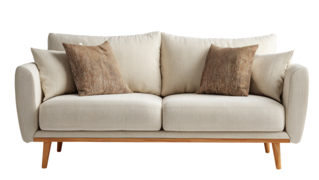 Light beige sofa with brown patterned cushions, on simple wooden legs