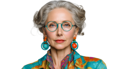 Portrait Of A Confident Senior Woman With Gray Hair Wearing Teal Glasses And Colorful Earrings isolated on transparent background
