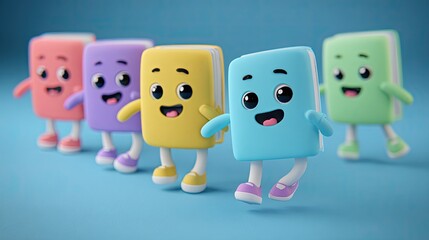 Four colorful cartoon books walking