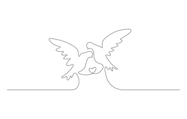 Couple of birds in love. One continuous line drawing, two flying dove birdsVector