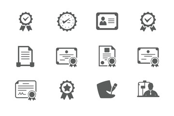 A collection of gray icons representing certificates, awards, documents, and professional settings in a grid