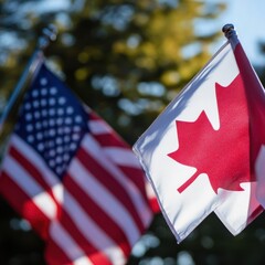 American and Canadian flags waving in the breeze