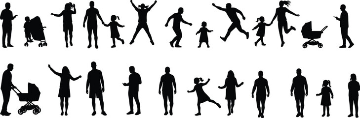 Silhouettes of parents and children in daily activities, walking, playing, pushing strollers, bonding moments, isolated on white background