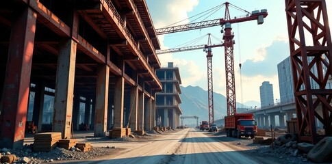 Naklejka premium Steel beams and scaffolding at a bustling construction site, buildings, development, construction