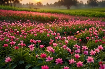 Vast field of blooming pink flowers at sunrise