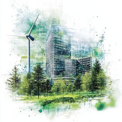 Modern office building nestled in greenery, accented by wind turbine
