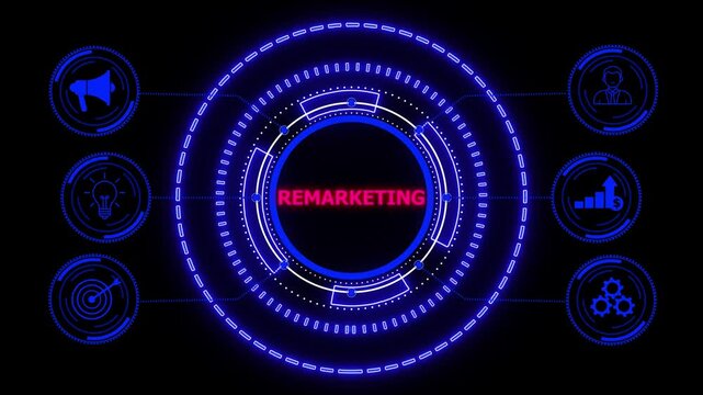 The concept of business, virtual screen of the future and sees the inscription: Remarketing. glowing HUD visuals and icons for marketing, innovation, targeting, growth, user data, and automation.