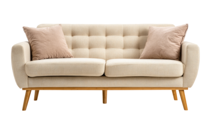 Cream-colored sofa with blush pink pillows.  Mid-century modern style