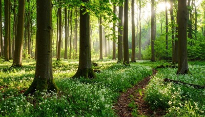 Obraz premium A silent forest bathed in morning sunlight, casting peaceful rays through tall trees