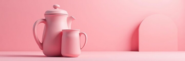 Fototapeta premium Stylish coffee jar on pastel pink backdrop with abstract shapes, background, pastel, coffee