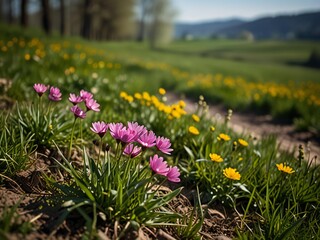 Obraz premium Vibrant wildflowers bloom on a sunlit grassy hillside