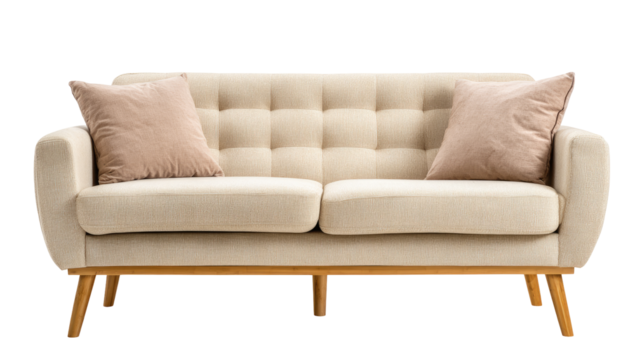 Cream-colored sofa with blush pink pillows.  Mid-century modern style