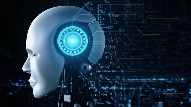 Robot hominoid face close up with graphic concept of engineering science study by AI thinking brain, artificial intelligence and machine learning process for 4th industrial revolution. 3D rendering - Powered by Adobe