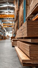 Obraz premium Timber stacked in a large warehouse with ample lighting during working hours in an industrial setting