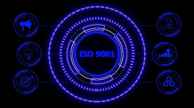 The concept of business, virtual screen of the future and sees the inscription: ISO 9001. glowing HUD visuals and icons for marketing, innovation, targeting, growth, user data, and automation.