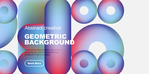 Vibrant geometric shapes overlap, creating colorful abstract background. Text promotes further exploration. Modern design elements present.