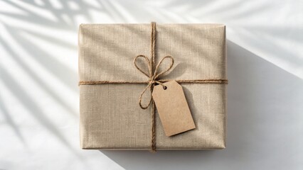 Rustic gift wrapped in burlap with twine and tag