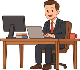 Businessman working at his desk with laptop computer monitor and coffee cup in a corporate office setting illustration