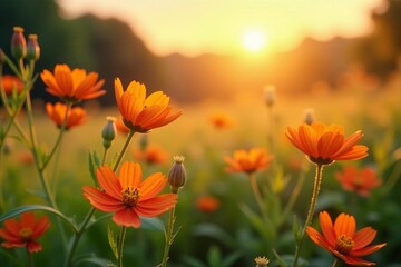 Sun-kissed wildflowers blooming in a meadow at golden hour, sunset, meadow, summer