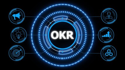 OKR Objectives key results. Business, Technology, Internet and network concept. glowing HUD visuals and icons for marketing, innovation, targeting, growth, user data, and automation. - Powered by Adobe