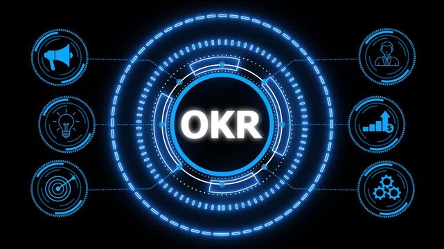 OKR Objectives key results. Business, Technology, Internet and network concept. glowing HUD visuals and icons for marketing, innovation, targeting, growth, user data, and automation.