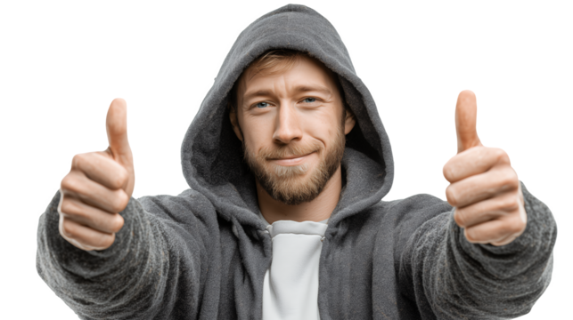 Portrait Of A Smiling Bearded Man In A Gray Hoodie Giving Two Thumbs Up isolated on transparent background