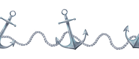 Horizontal border with sea anchor and rope. Watercolor illustration. Hand drawn isolated art. Marine style design of ship and sailboat equipment. Banner for printing, packaging and vintage projects