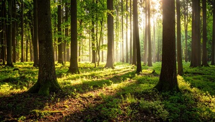 Fototapeta premium A silent forest bathed in morning sunlight, casting peaceful rays through tall trees