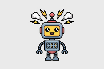 Fototapeta premium Cartoon robot with a square head and round eyes surrounded by lightning bolts and white clouds on a white background