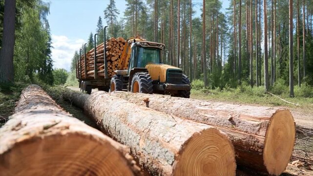A tractor is driving through the forest, carrying cut trees on its back and loading them onto trucks for transport