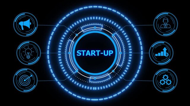 Business, Start-up funding crowdfunding investment venture capital.glowing HUD visuals and icons for marketing, innovation, targeting, growth, user data, and automation.