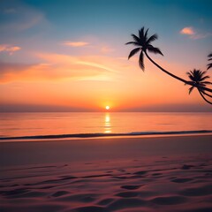 Sunset on a tropical beach with a vibrant orange sky, still ocean, and the silhouettes of palm trees