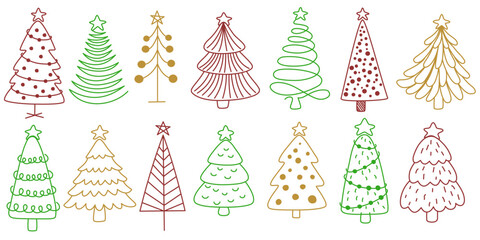 Hand Drawn Christmas Tree Set with Doodle Style in Red, Green and Gold Colors for Festive Decoration and Holiday Design

