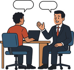 Obraz premium Two men in a business meeting discussing plans with speech bubbles overhead and a laptop on the table